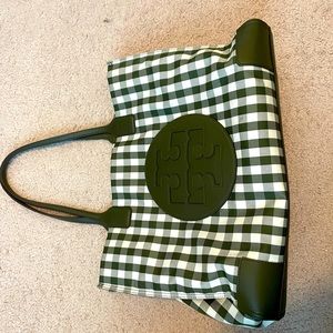 Tory Burch Ella Tote Green Plaid Cloth Material